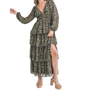 Lush Ruffle Tiered Long Sleeve Maxi Dress Womens S Indigo Floral Cottagecore NEW